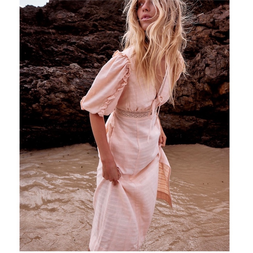 Free People Slow Pace Romantic Ruffles Femme Puff Sleeve Midi Dress Size Large - Picture 3 of 9